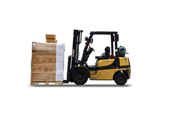 Old Forklift truck with boxes on pallet isolate white background