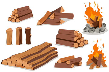 Fire wood and campfire. Log and bonfire vector cartoon flat set isolated on white background.