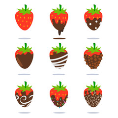 Chocolate covered strawberries vector cartoon flat fruit icons set isolated on white background.
