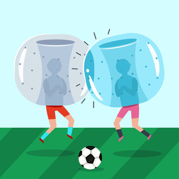 Two guys in inflatable zorb suits play soccer. Bumper ball a football game. Vector cartoon flat illustration.