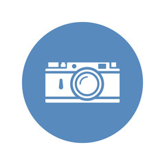 Vector rangefinder camera icon placed on blue circle