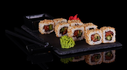 South Asian food, rolls with seafood, isolated on black