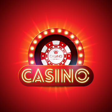 Casino illustration with neon light letter and playing chips on red background. Vector gambling design with shiny lighting display for invitation or promo banner.
