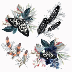 Collection of floral compositions with butterflies, flowers and feathers