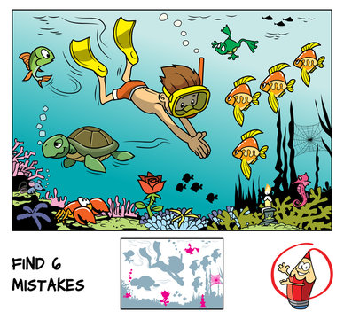 A boy with mask and flippers diving underwater in the ocean with marine inhabitants. Find 6 mistakes in the picture. Educational game for children. Cartoon vector illustration
