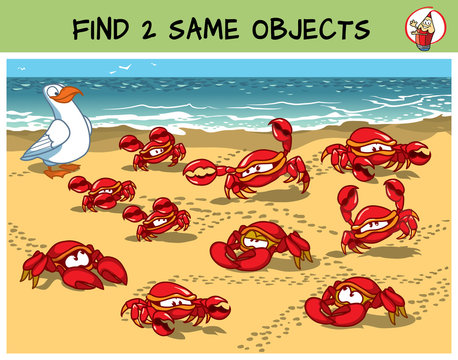 Find two the same crabs in the picture. Educational matching game for children. Cartoon vector illustration