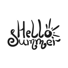 Cute black color lettering hello summer inscription with sun as letter o. Description for summer poster or card print, decoration, header, seasonal design