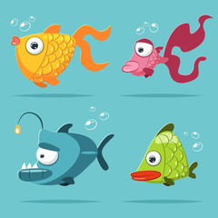 Cute cartoon fish with bubble. Vector funny character set of sea animals isolated on blue background.