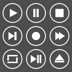 Media player control buttons. Play, pause, stop, record, forward, rewind, previous, next, eject, repeat  icon. Vector.