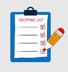 Clipboard with shopping list and pen. Template for product purchase. Blank with mark. Vector illustration. Isolated on background. Inventory check.