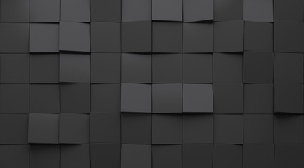 Abstract of architecture space with random rhythm of black tilt block and light and shadow of the sun,3D render