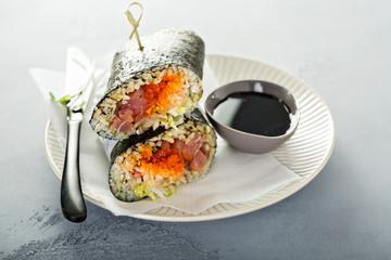 Sushi or poke burrito with nori