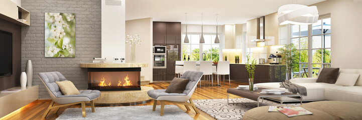Living room with kitchen and fireplace