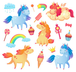 Set of cute cartoon unicorns in different poses with sweets and objects. Vector collection of adorable little horses with horns.