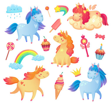Fototapeta Set of cute cartoon unicorns in different poses with sweets and objects. Vector collection of adorable little horses with horns.