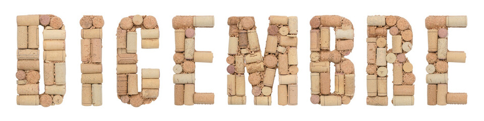 Word December in Italian Dicembre made of wine corks isolated on white