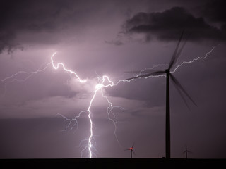 Thunderstorm with lightnings over a wind farm - 198618112