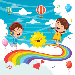 Vector Illustration Of Kids Jumping On Rainbow