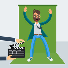 Film director on the set. Videoproduction and filmmaking. Flat vector cartoon illustration. Objects isolated on white background.