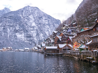 Alpine villages Hallstat in Austria One of the most beautiful winter season snow moutain colorful house	