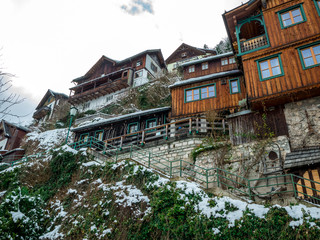 Fototapeta na wymiar Alpine villages Hallstat in Austria One of the most beautiful winter season snow moutain colorful house 