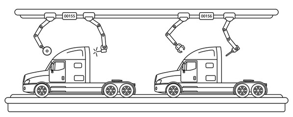 Naklejka premium Thin line style truck assembly line. Automatic transport production conveyor. Robotic truck machinery industry concept. Vector illustration.