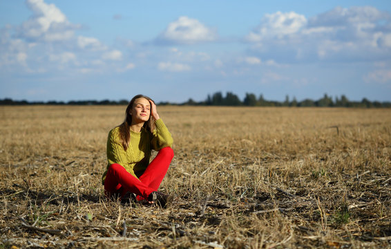Enjoy resting realx woman outdorr nature, autumn, positive, closed eyes