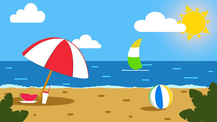 Fototapeta na wymiar Beach and summer sea with beach umbrella, ball and wind surf / illustration of a typical summer day relaxing on a beach