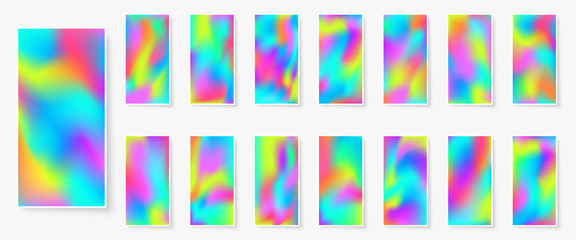 Holographic background. Multicolor texture. Hologram glitch. Smooth blur. Smartphone wallpapers bundle. Trendy vector backdrops for gadget. Phone screen vibrant textures.