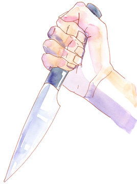 Watercolor drawing right hand arm holding kitchen knife