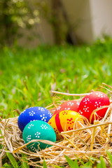 Painted Easter eggs put on the straw in the grass,easter day
