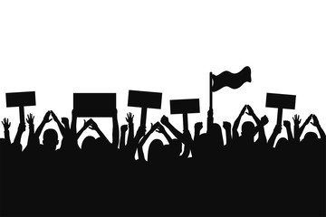 Fototapeta premium Crowd of protesters people. Silhouettes of people with banners and with raised up hands. Concept of revolution and political or social protest