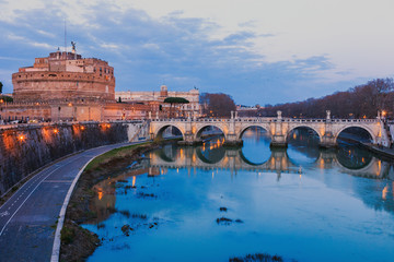 Italy, Rome, view of the Castle of Saint Angel, the Tiber River and the Bridge of Saint Angel,...