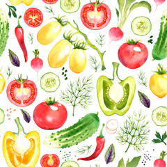 Seamless pattern with watercolor vegetables on white background
