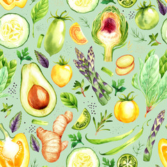 Seamless pattern with watercolor vegetables on green background