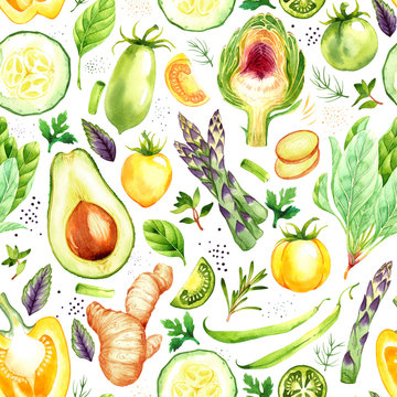 Seamless pattern with watercolor vegetables on white background