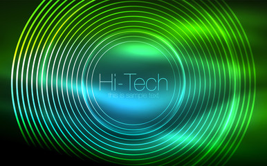 Circular glowing neon shapes, techno background. Abstract shiny transparent circles on dark technology space