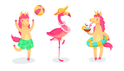 Cool set with cartoon unicorns and flamingo on summer holidays. Vector trendy collection.