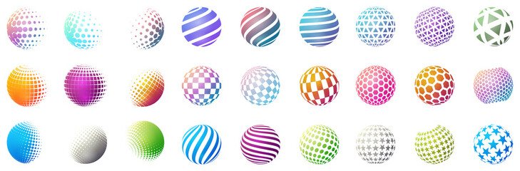 Set of minimalistic shapes. Halftone bright color spheres isolated on white background. Stylish emblems. Vector spheres with dots, stripes, triangles, hexagons for web designs. Simple signs collection