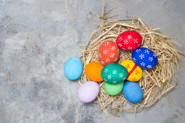 Painted Easter eggs put on the Polished floor ,easter day