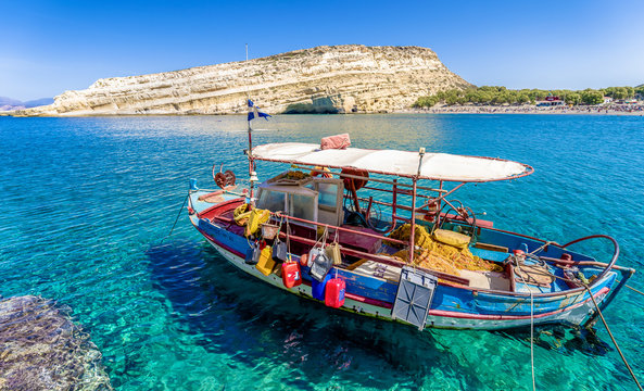Boat on sea at Crete island, greece