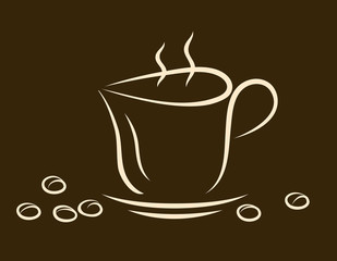 Cup of coffee, a saucer and a grain of coffee on a dark background. Сup of coffee icon. Flat design. Vector Illustration