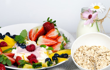 Guten Morgen, gesunder Start in den Tag: Biologischer, Vegetarischer Genuss zum Frühstück: Obst, Milch, Müsli und Joghurt :)