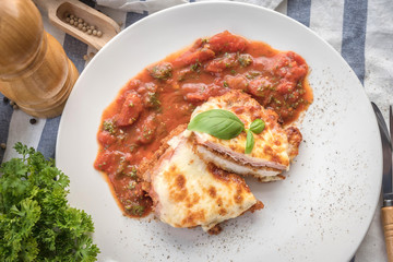 cooking healthy diet food in the home kitchen, Healthy Chicken parmesan
