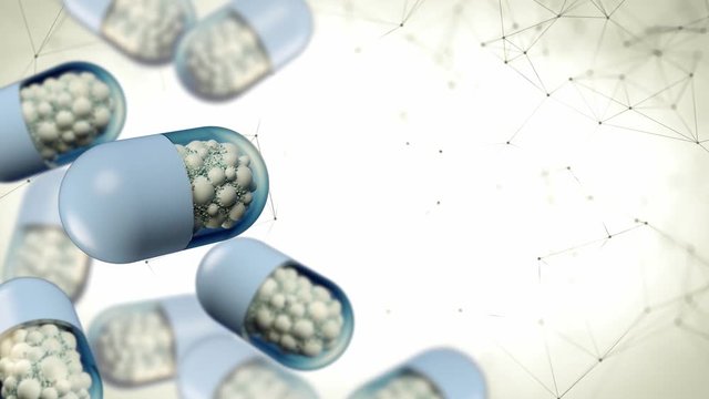 Colorful abstract chaotic structure balls inside the capsule, pharmacy and medical concept on plexus background 3d rendering