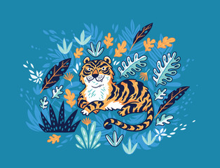 Tiger in tropical leaves isolated on yellow background. Vector illustration
