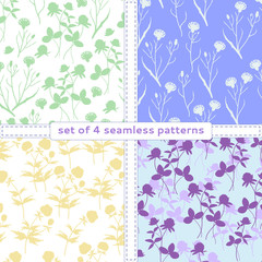 Seamless vector floral pattern. Set of 4 different patterns of shadows of different plants: cornflowers, Ranunculus, clover.