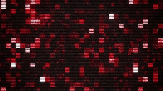 A soft focus 3d rendering of small shining red and white squares composing bright figures in the black background. The radiant figures change their networks in a cheery way.