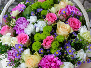 Yellow basket red white rose violet Daisy
