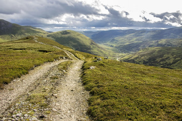 A way on the peak in Cairngorm Mountains, Scotland, UK. Royal Deeside between Ballater and Braemar. Beautiful scottish landscape. September 2017